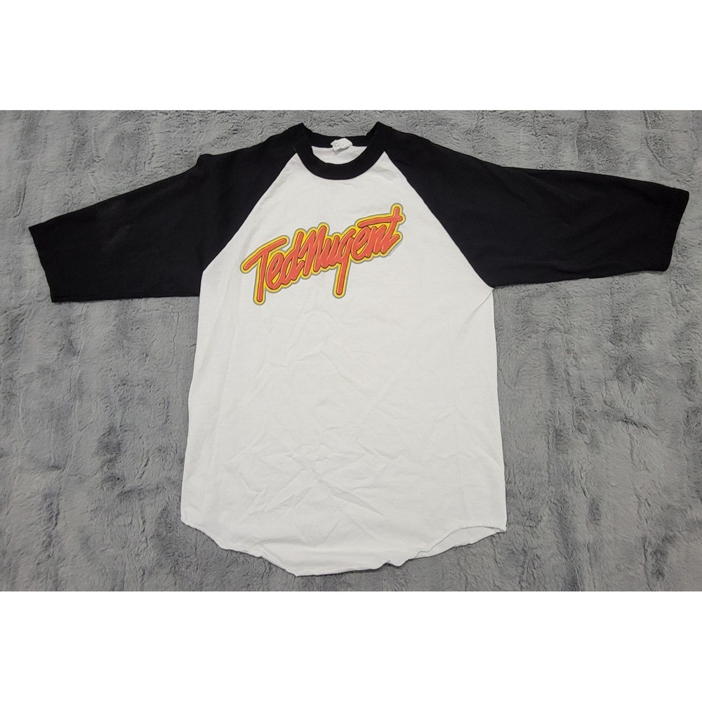 Vintage Ted Nugent Shirt Mens L (Fits M) White Black 3/4 Sleeve Raglan Band 90s